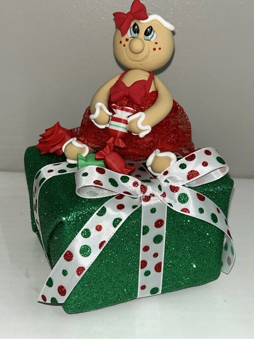 Holiday Fake Gingerbread on top of Wrapped Present Red & Green Handmade